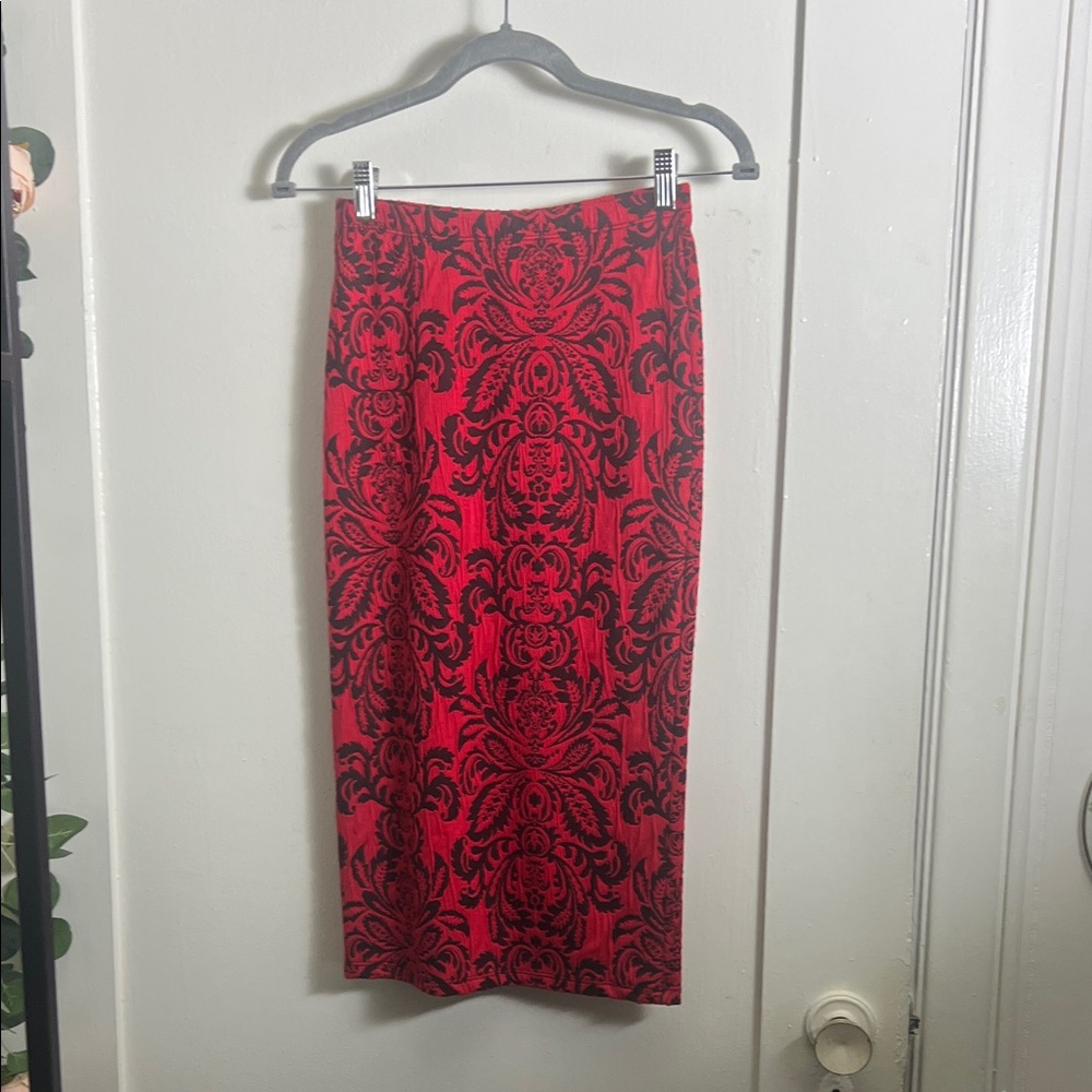 Gothic Red and Black Damask Pencil Skirt